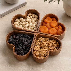 May include: A wooden serving dish with four heart-shaped sections, each containing a different snack. The snacks are pistachios, dried apricots, raisins, and walnuts. The dish is made of warm-toned wood.