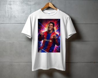 T-shirt di Ronaldinho del Barcellona, maglietta grafica retrò da calcio, maglietta della leggenda del calcio brasiliano