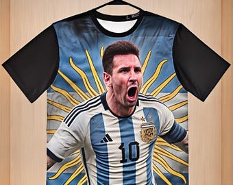 Maglietta da calcio di Lionel Messi, Argentina, con grafica GOAT (Greatest Of All Time).