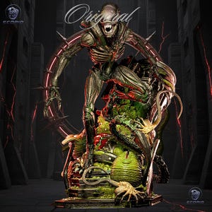 May include: A detailed sculpture of an Alien creature, with a menacing pose and sharp teeth. The figure is metallic green and brown, standing atop a base with an egg and other alien elements. The word "Original" is written across the top.