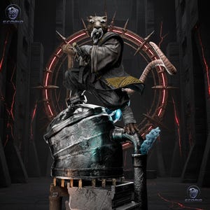May include: A detailed 3D rendering of a rat-like warrior in a dynamic pose, holding a katana. The figure is clad in dark clothing with gold accents, set against a dark, industrial background with a glowing red circular design.