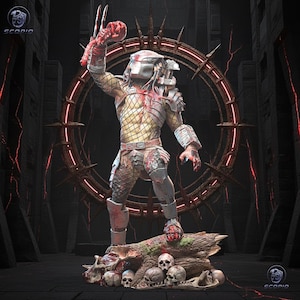 May include: A detailed Predator figurine, standing on a log with skulls. The figure is in battle-worn silver and gold armour, holding a bloody trophy. The background features a dark, gothic-style setting with a glowing red circular structure.