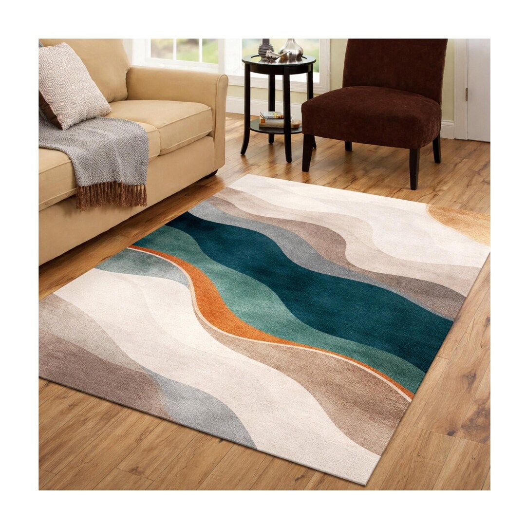 Deep Raspberry Tonal Wave Rug Modern Abstract Wave Area Rug – Deep Teal Ivory Taupe Living Room ...
