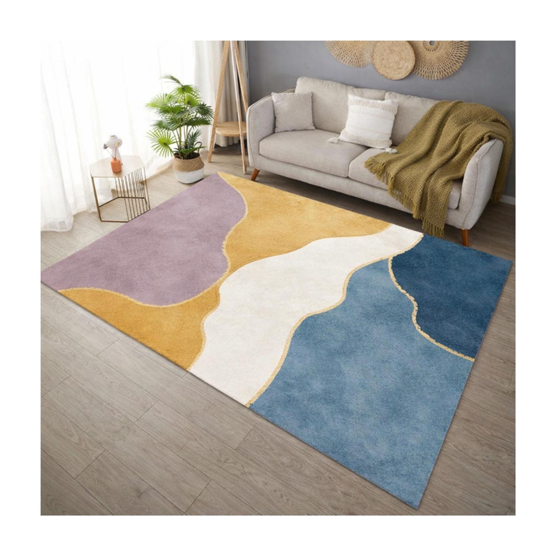 Modern Abstract Area Rug, Pastel Color Block Carpet, Yellow Purple Blue ...