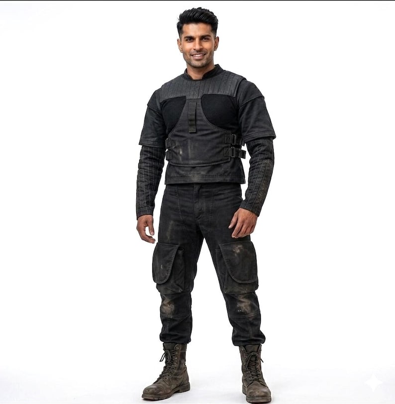 Handcrafted sci-fi galactic bounty hunter 3-piece cosplay costume displaying a custom-made black fabric flight suit and matching armor-ready flak vest on a plain white studio background.