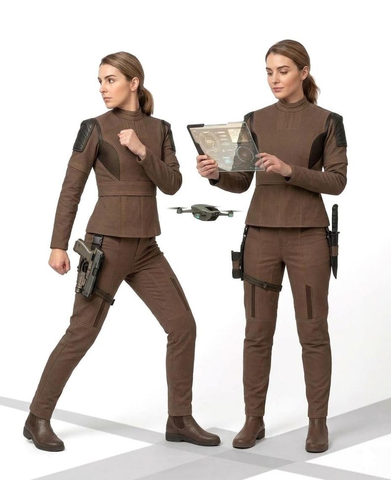 May include: Two women in brown tactical outfits with black shoulder patches, boots, and holsters. One holds a tablet, the other is in a fighting pose. A small drone hovers between them. The outfits include long-sleeved jackets and matching trousers.