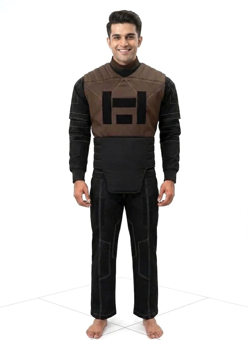 A premium galactic bounty hunter cosplay costume worn by a male model looking sideways, showcasing the screen-accurate ribbed double-sleeve detailing, dark brown flak vest, and black tailored undersuit over a solid white background.