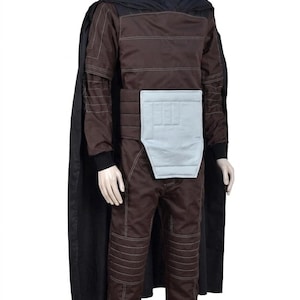 Handcrafted premium silver metallic armor cosplay suit and full-body galactic bounty hunter costume with custom tailored under-suit and long cape.
