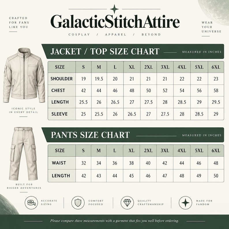 May include: A size chart for GalacticStitchAttire featuring a light-colored jacket and pants. The chart displays measurements in inches for sizes S through 6XL, including shoulder, chest, length, and sleeve for jackets, and waist and length for pants.