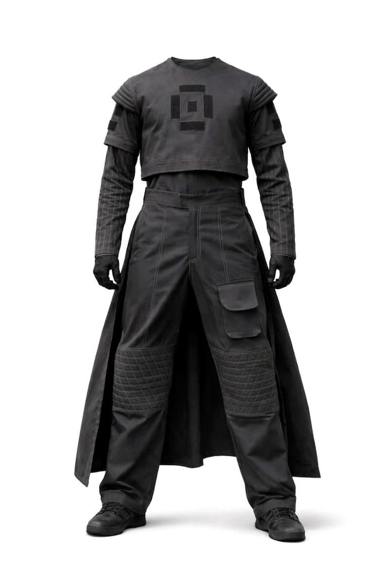 Front view of a dark grey Mandalorian-inspired 4-piece flight suit with a flak vest and cargo pants, displayed against a plain white background.