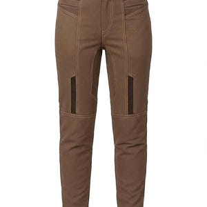 Fitted brown Mandalorian style cosplay pants featuring screen-accurate knee seams and dark thigh window panels on a clean white background.