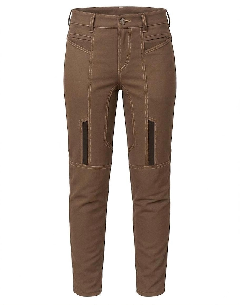 Fitted brown Mandalorian style cosplay pants featuring screen-accurate knee seams and dark thigh window panels on a clean white background.