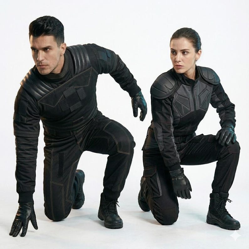 May include: Two individuals wearing black tactical uniforms consisting of long-sleeved jackets with padded shoulders and matching trousers. The outfits feature reinforced stitching, utility pockets, and black leather gloves. Both wear black combat boots.