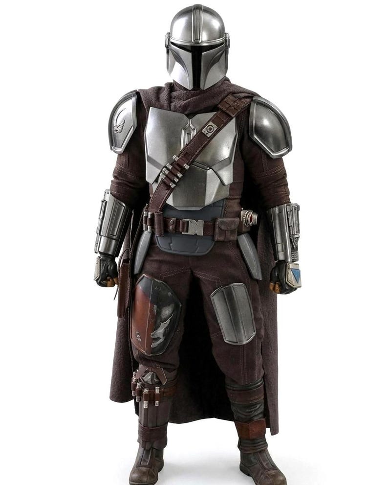 Handcrafted premium silver metallic armor cosplay suit and full-body galactic bounty hunter costume with custom tailored under-suit and long cape.