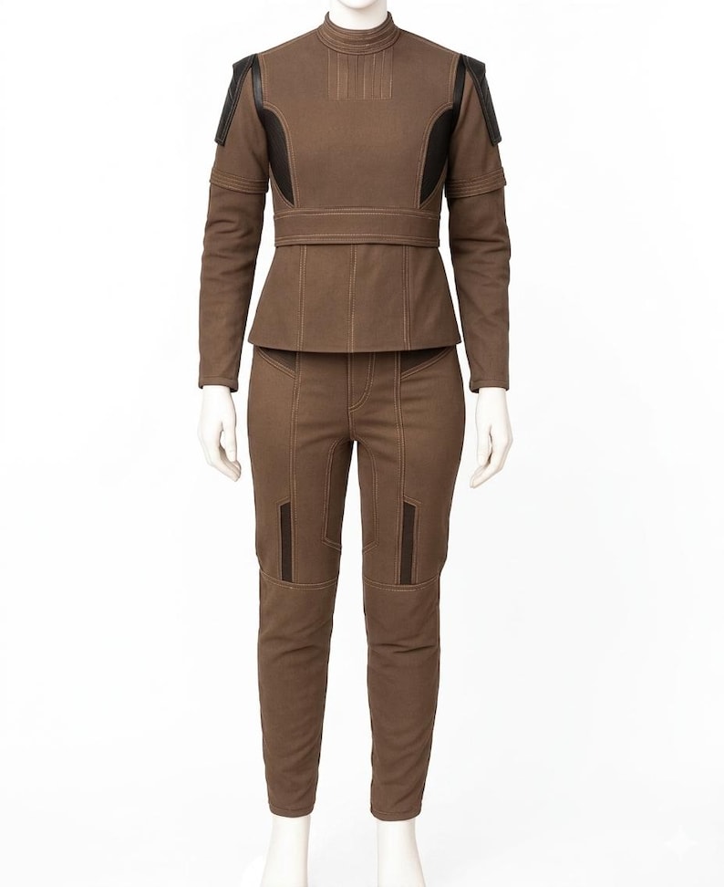 Brown Bo-Katan inspired tactical flight suit tunic with ribbed chest detailing and leather shoulder accents on a solid white background.