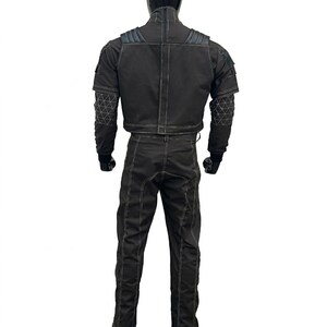 Back side of Mandalorian flight suit made from a durable cotton blend, featuring screen-accurate tailoring for bounty hunter cosplay.