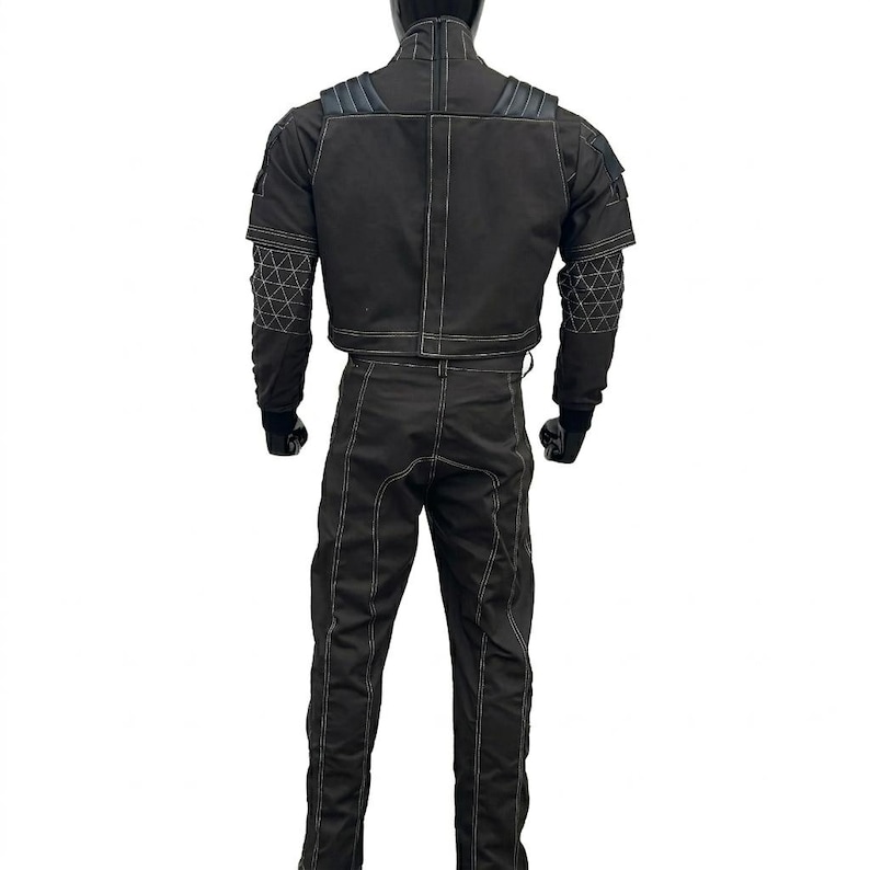 Back side of Mandalorian flight suit made from a durable cotton blend, featuring screen-accurate tailoring for bounty hunter cosplay.