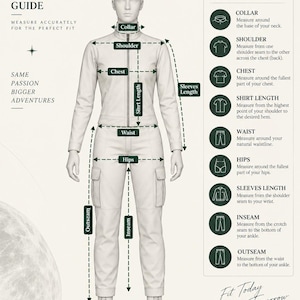 May include: A measurement guide infographic for GalacticStitchAttire featuring a mannequin in a light-colored jumpsuit and boots. The chart displays labels for collar, shoulder, chest, shirt length, waist, hips, sleeve length, inseam, and outseam measurements.