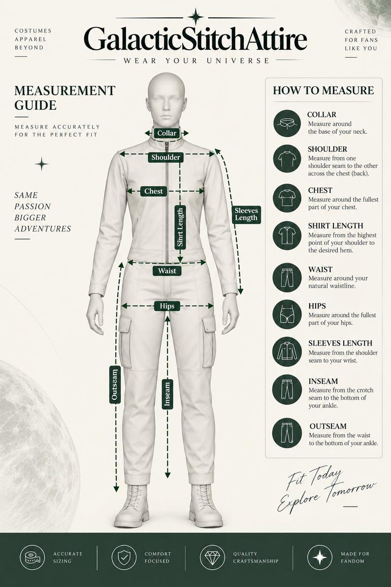 May include: A measurement guide infographic for GalacticStitchAttire featuring a mannequin in a light-colored jumpsuit and boots. The chart displays labels for collar, shoulder, chest, shirt length, waist, hips, sleeve length, inseam, and outseam measurements.