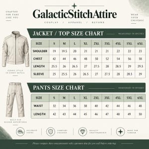 May include: A size chart for GalacticStitchAttire featuring a light-coloured jacket and trousers. The chart displays measurements in inches for sizes S through 6XL, including shoulder, chest, length, and sleeve for jackets, and waist and length for trousers.