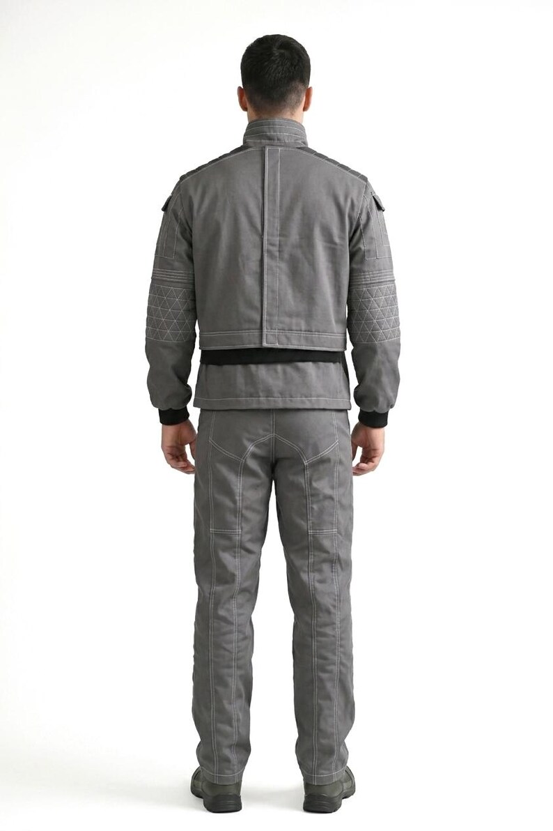 Premium custom-made 3-piece tactical grey cosplay costume featuring a detailed shirt, vest, and matching pants inspired by the Mandalorian, meticulously handcrafted with high-quality fabric for a cinematic-grade look perfect for Star Wars fans, professional cosplay events, comic-cons, and screen-accurate display projects.