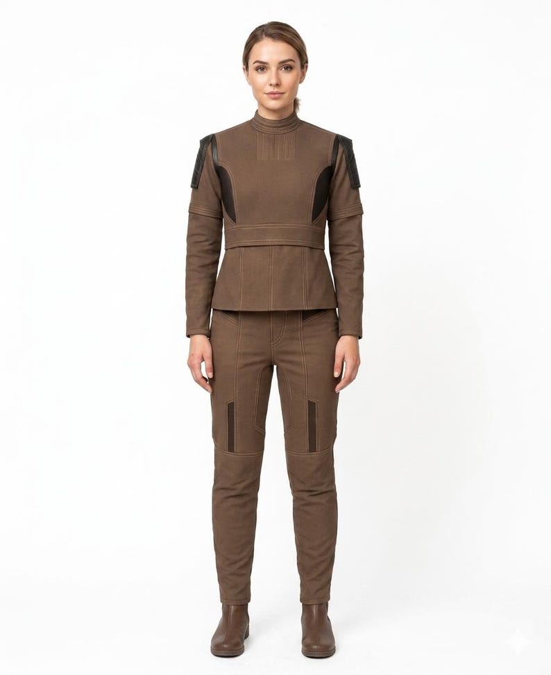 A female model wearing a premium two-piece brown Bo-Katan Kryze inspired Mandalorian flight suit costume isolated on a plain white background.