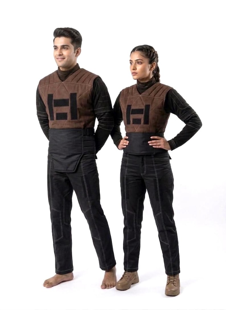 A premium galactic bounty hunter cosplay costume worn by a male model looking sideways, showcasing the screen-accurate ribbed double-sleeve detailing, dark brown flak vest, and black tailored undersuit over a solid white background.