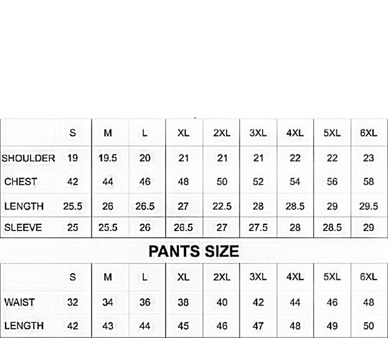 Pode incluir: Um gr&aacute;fico branco com texto preto detalhando as medidas do terno, incluindo ombro, peito, comprimento e mangas, variando de S a 6XL. As medidas de cintura e comprimento da cal&ccedil;a tamb&eacute;m s&atilde;o exibidas.