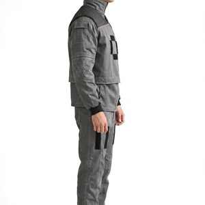 Premium custom-made 3-piece tactical grey cosplay costume featuring a detailed shirt, vest, and matching pants inspired by the Mandalorian, meticulously handcrafted with high-quality fabric for a cinematic-grade look perfect for Star Wars fans, professional cosplay events, comic-cons, and screen-accurate display projects.