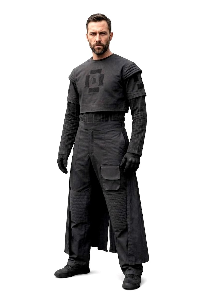 Front view of a dark grey Mandalorian-inspired 4-piece flight suit with a flak vest and cargo pants, displayed against a plain white background.