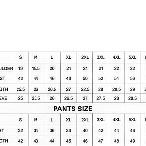May include: A white chart with black text detailing suit measurements, including shoulder, chest, length, and sleeve sizes, ranging from S to 6XL. Pants size measurements for waist and length are also displayed.