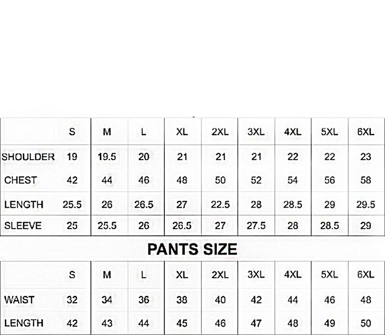 May include: A white chart with black text detailing suit measurements, including shoulder, chest, length, and sleeve sizes, ranging from S to 6XL. Pants size measurements for waist and length are also displayed.
