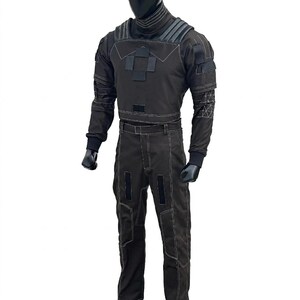 Screen-accurate Mandalorian flight suit foundation, custom tailored for professional Star Wars cosplay and bounty hunter outfits.