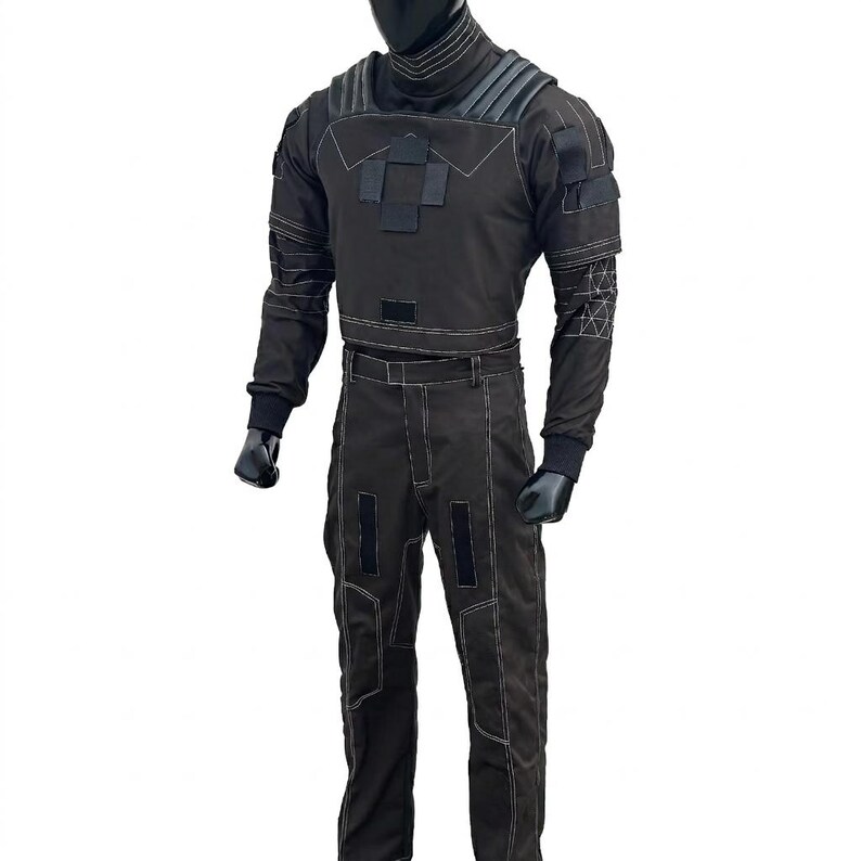 Screen-accurate Mandalorian flight suit foundation, custom tailored for professional Star Wars cosplay and bounty hunter outfits.