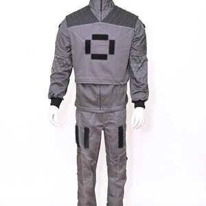 Premium custom-made 3-piece tactical grey cosplay costume featuring a detailed shirt, vest, and matching pants inspired by the Mandalorian, meticulously handcrafted with high-quality fabric for a cinematic-grade look perfect for Star Wars fans, professional cosplay events, comic-cons, and screen-accurate display projects.