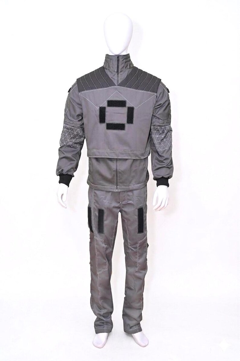 Premium custom-made 3-piece tactical grey cosplay costume featuring a detailed shirt, vest, and matching pants inspired by the Mandalorian, meticulously handcrafted with high-quality fabric for a cinematic-grade look perfect for Star Wars fans, professional cosplay events, comic-cons, and screen-accurate display projects.