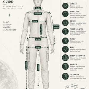 May include: A measurement guide infographic for GalacticStitchAttire featuring a mannequin in a light-coloured jumpsuit and boots. The chart displays labels for collar, shoulder, chest, shirt length, waist, hips, sleeve length, inseam, and outseam measurements.