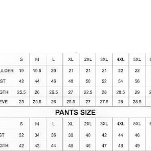 May include: A white chart displays suit and pants size measurements. The top section shows shoulder, chest, length, and sleeve measurements in inches for sizes S to 6XL. The bottom section details waist and length measurements for pants sizes S to 6XL.