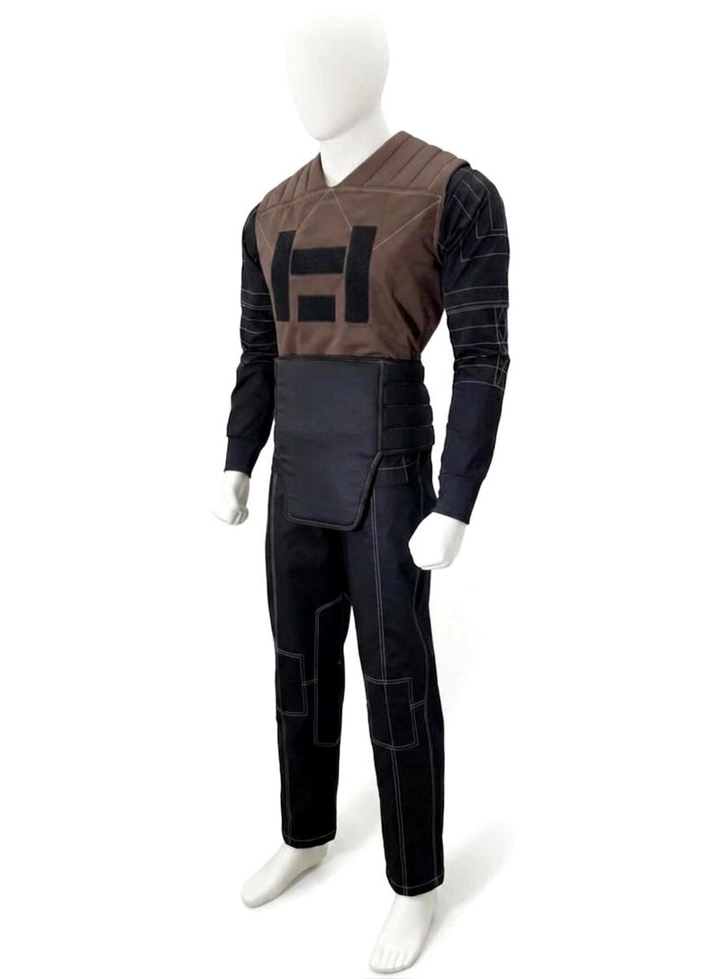 A premium galactic bounty hunter cosplay costume worn by a male model looking sideways, showcasing the screen-accurate ribbed double-sleeve detailing, dark brown flak vest, and black tailored undersuit over a solid white background.