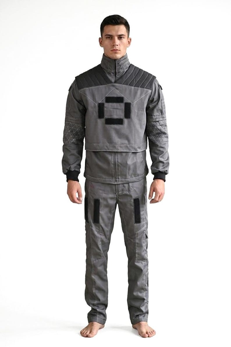 Premium custom-made 3-piece tactical grey cosplay costume featuring a detailed shirt, vest, and matching pants inspired by the Mandalorian, meticulously handcrafted with high-quality fabric for a cinematic-grade look perfect for Star Wars fans, professional cosplay events, comic-cons, and screen-accurate display projects.