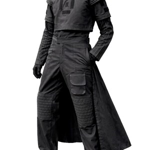 Side view of a dark grey Mandalorian-inspired 4-piece flight suit with a flak vest and cargo pants, displayed against a plain white background.