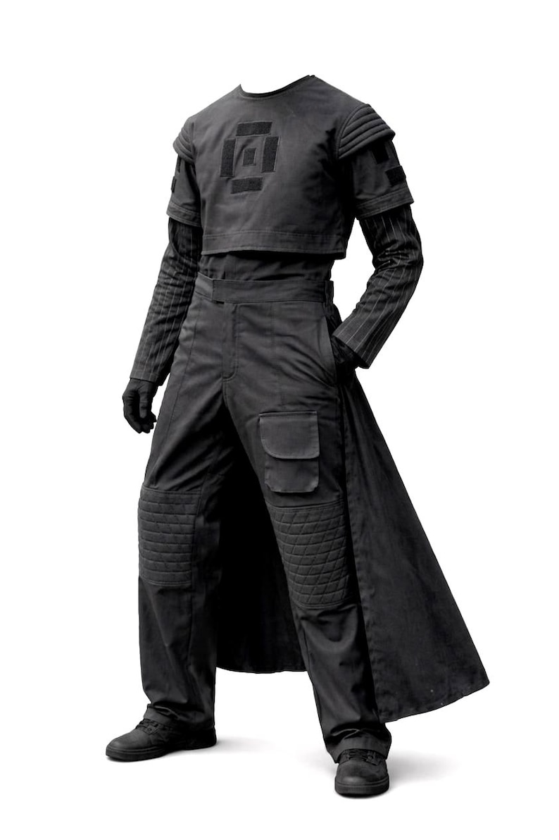 Side view of a dark grey Mandalorian-inspired 4-piece flight suit with a flak vest and cargo pants, displayed against a plain white background.