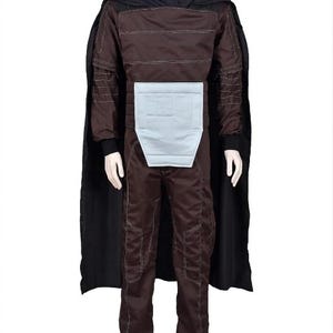 Handcrafted premium silver metallic armor cosplay suit and full-body galactic bounty hunter costume with custom tailored under-suit and long cape.