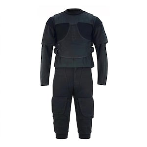 Handcrafted sci-fi galactic bounty hunter 3-piece cosplay costume displaying a custom-made black fabric flight suit and matching armor-ready flak vest on a plain white studio background.