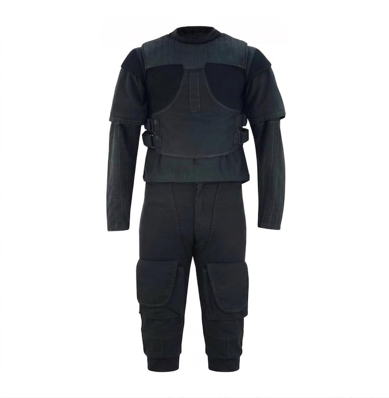 Handcrafted sci-fi galactic bounty hunter 3-piece cosplay costume displaying a custom-made black fabric flight suit and matching armor-ready flak vest on a plain white studio background.