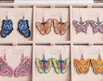 FSL Butterfly Earrings Embroidery Design Bundle, Realistic Lace Butterfly Hanging Ornament, Machine Embroidery Digital Download Set