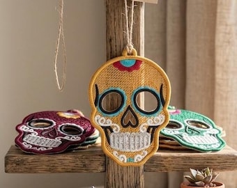 FSL Skull Earrings and Hanging Ornament Embroidery Design: Colorful Skull Halloween Jewelry Ornament  Digital Download File