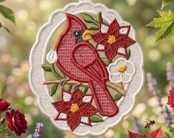 FSL Cardinal Floral Embroidery Design, Free Standing Lace Bird on Flower Branch Ornament, Hanging Decoration Digital Download