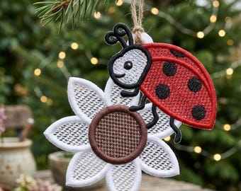FSL Ladybug on Flower Embroidery Design Ornament | Spring Insect Machine Embroidery Pattern