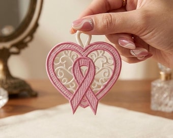Free Standing Lace Heart Earring: Pink Ribbon Breast Cancer Awareness Embroidery File (Instant Download)